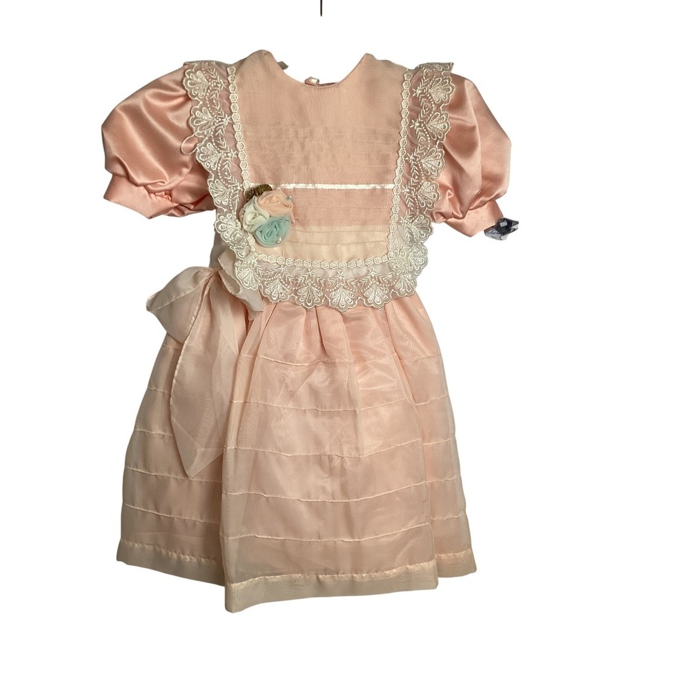 Girls Peach Satin Lace Trim Party Dress Puff Sleeve Formal Special Occasion